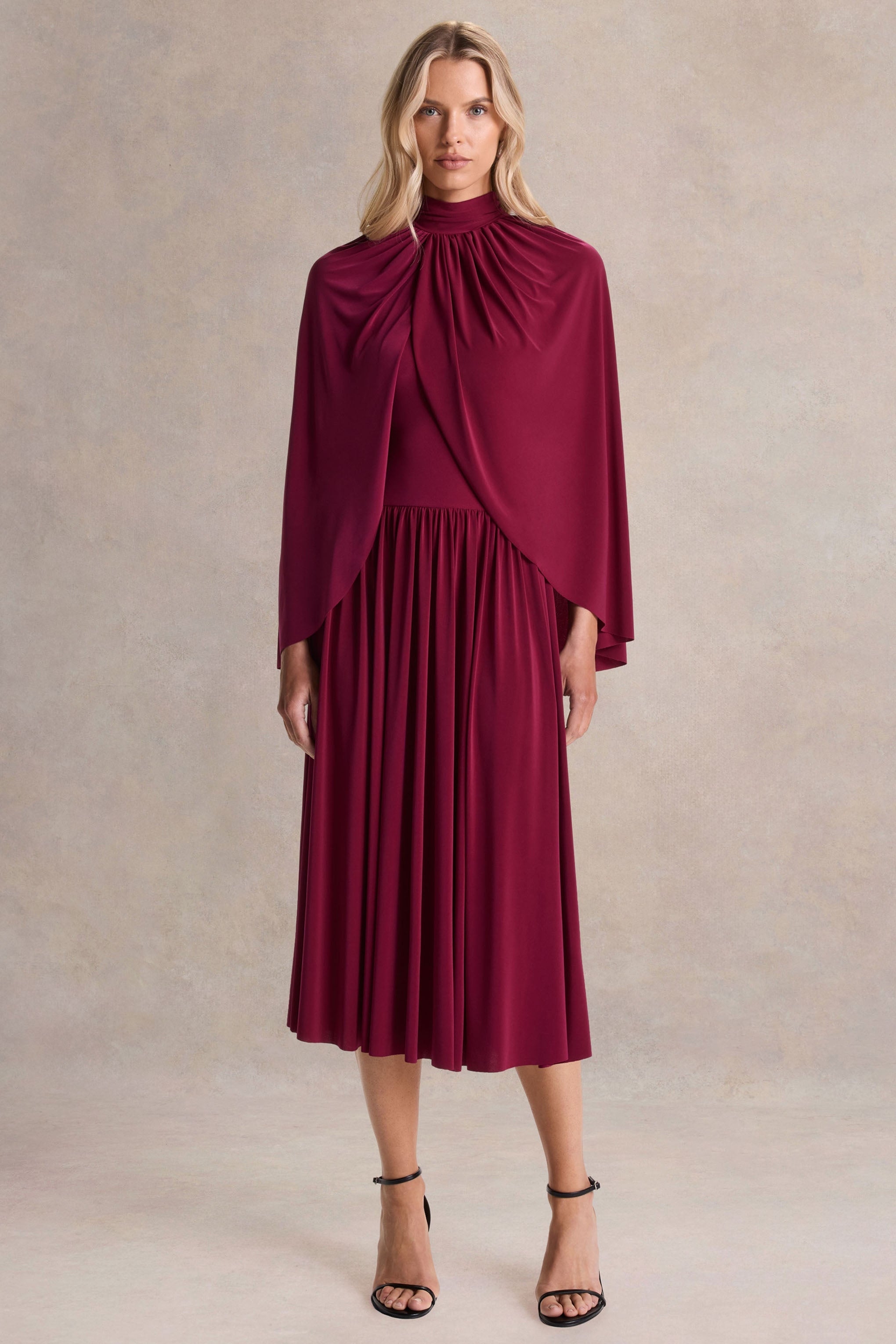 Honora | Burgundy High-Neck Midi Dress With Cape-Sleeves