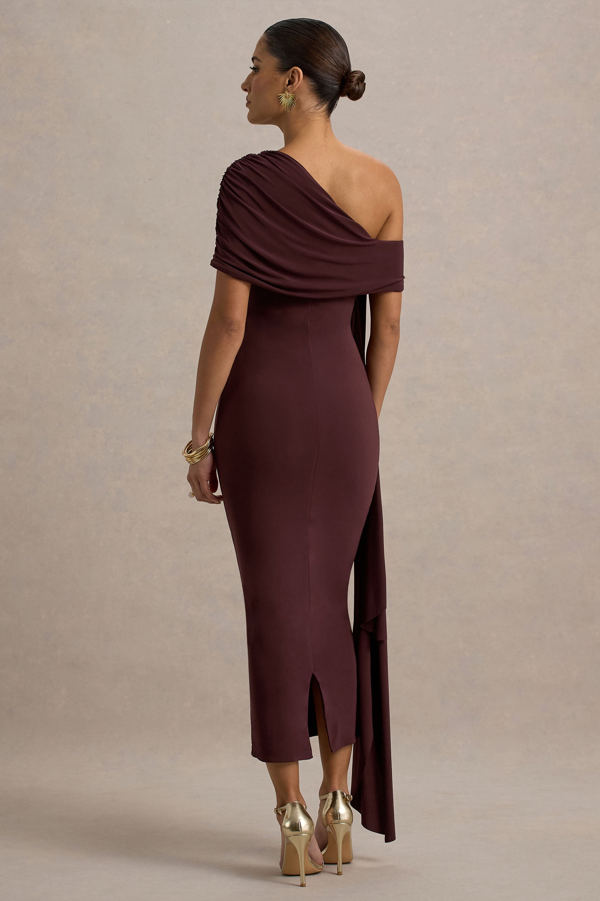 Praia | Chocolate Brown Asymmetric-Neck Midi Dress With Sash and Draped Detailing