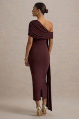 Praia | Chocolate Brown Asymmetric-Neck Midi Dress With Sash and Draped Detailing