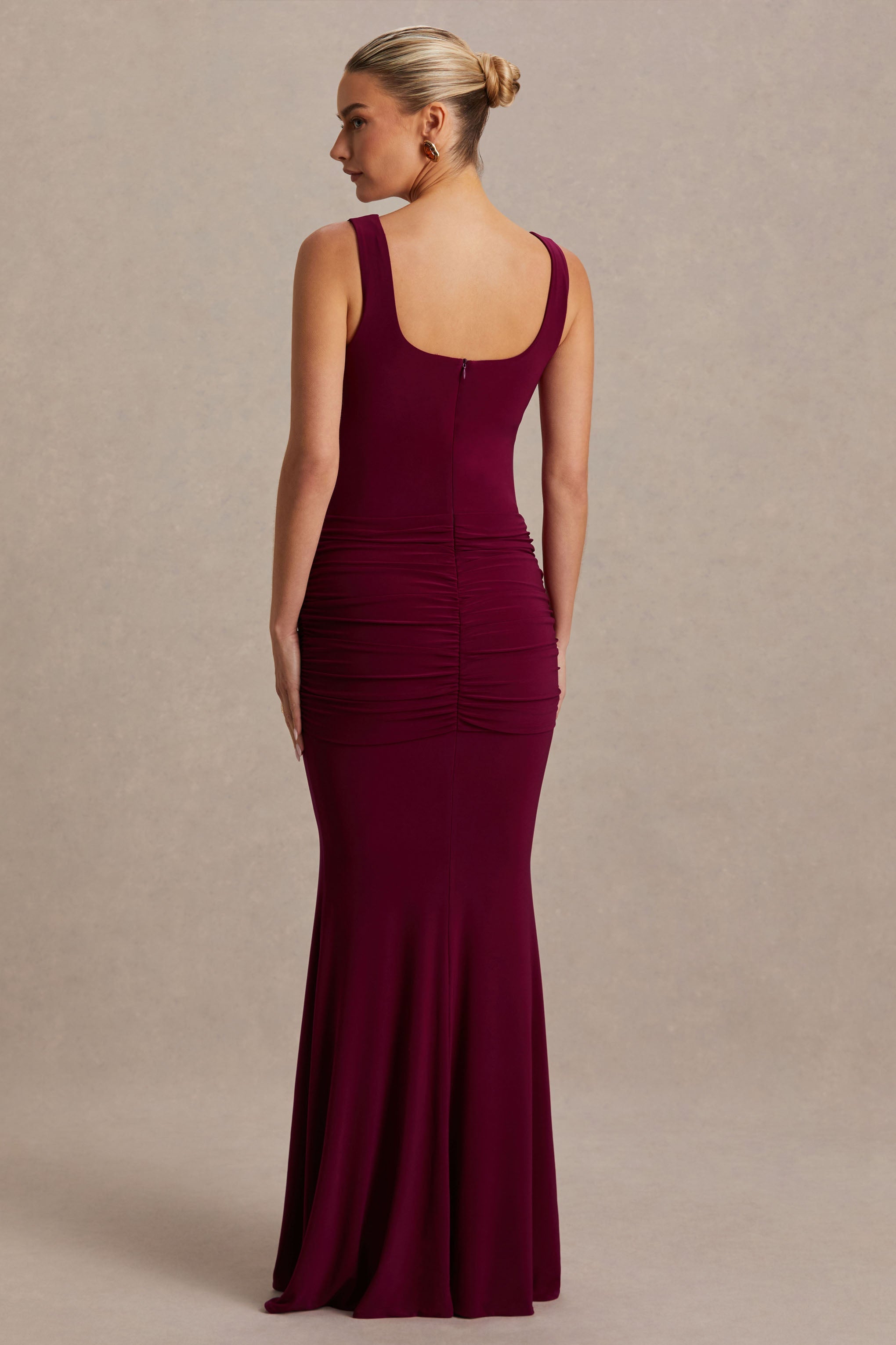 Baylin | Burgundy Square-Neck Maternity Maxi Dress With Ruched Detailing And Sash
