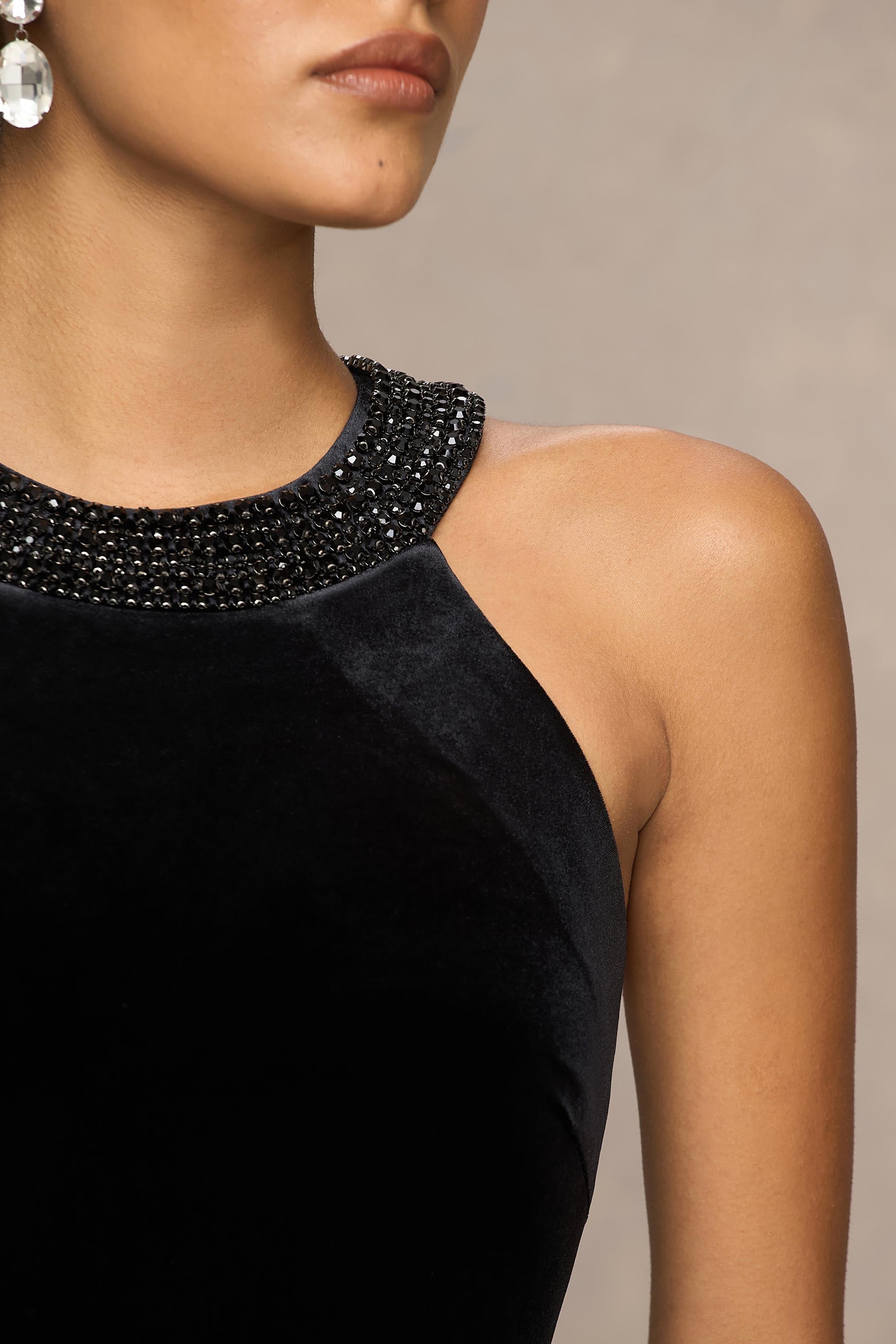 Darya | Black Velvet Embellished High-Neck Maxi Dress