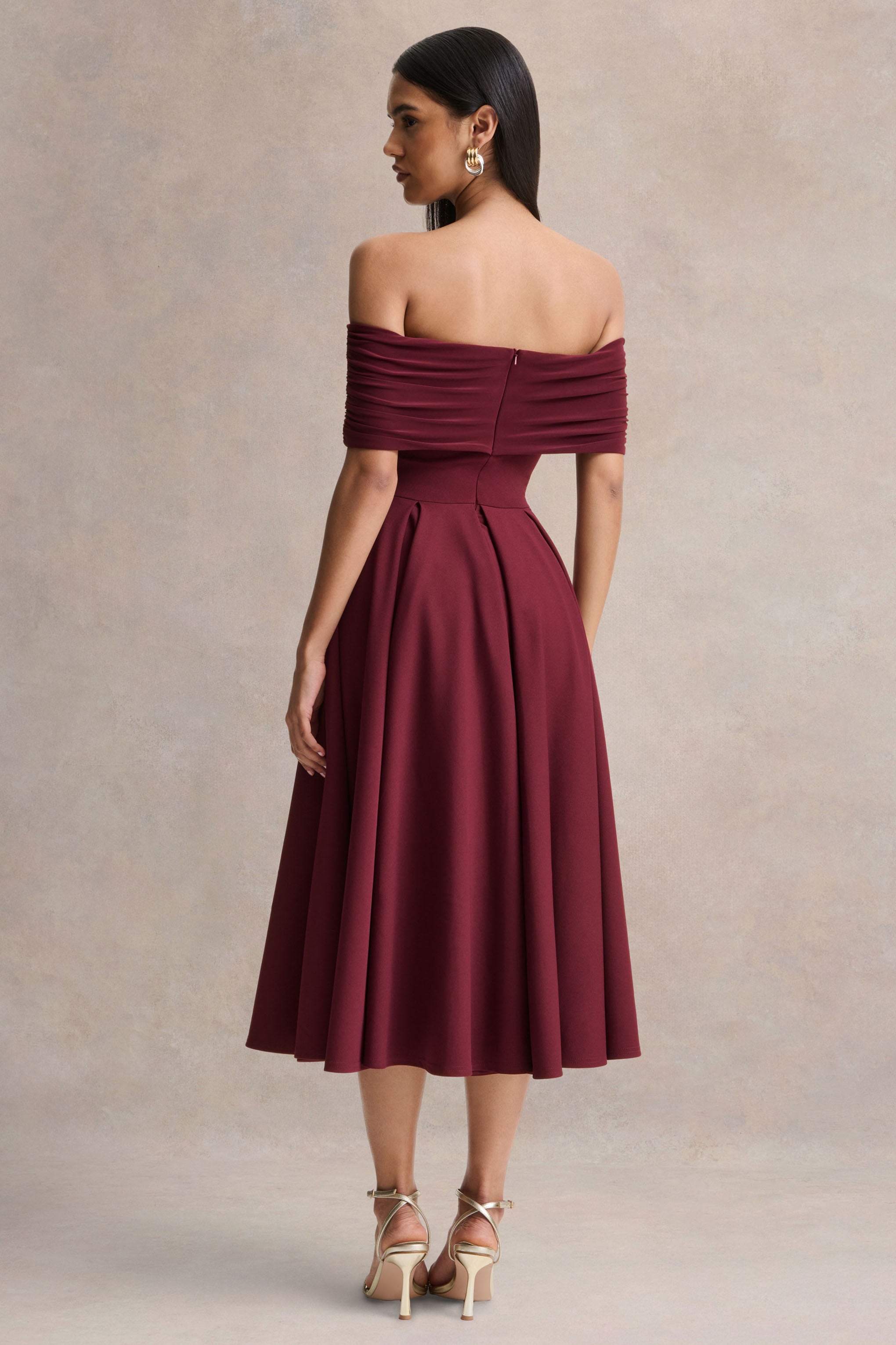 Dearest | Burgundy Bardot-Neck Midi Dress