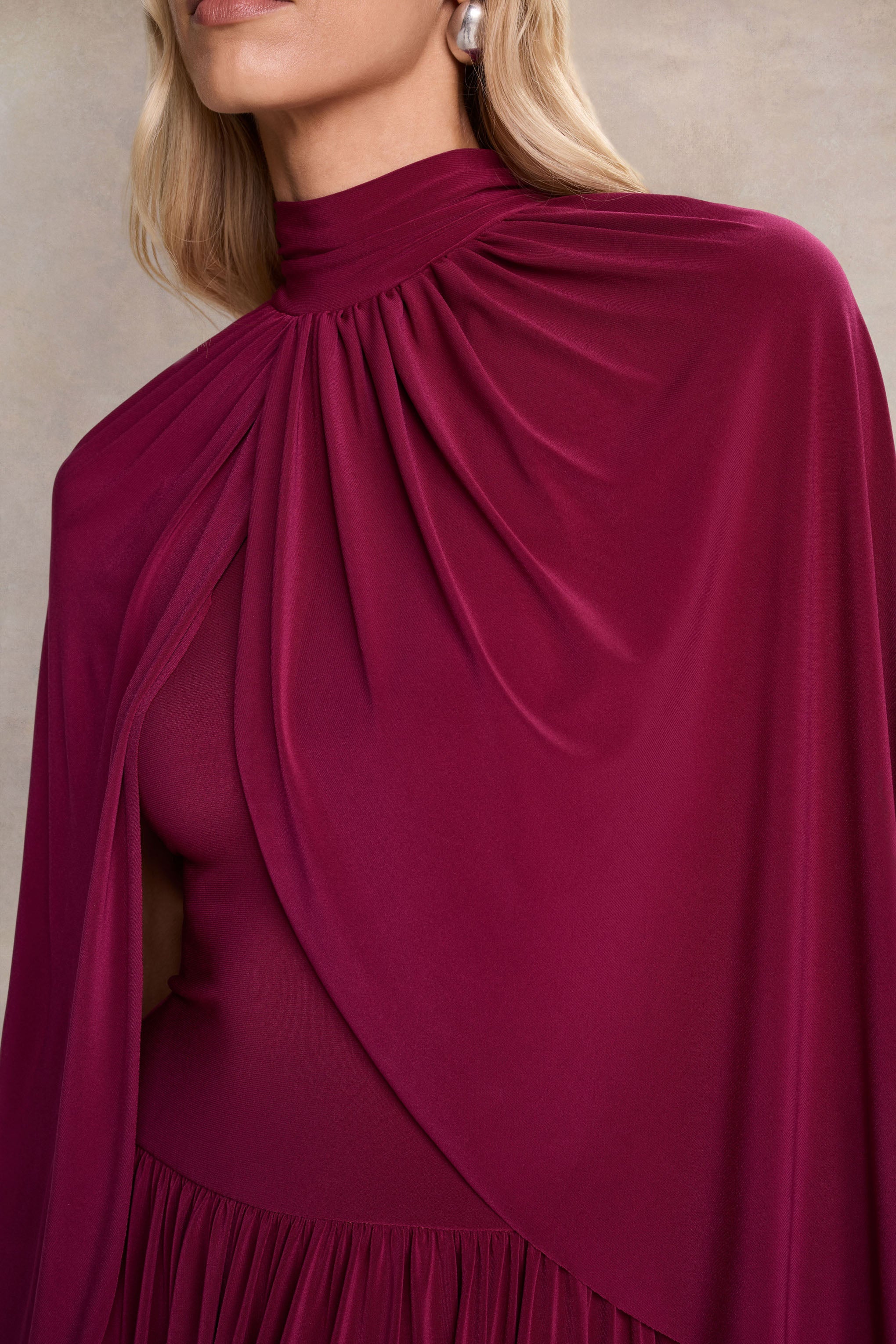 Honora | Burgundy High-Neck Midi Dress With Cape-Sleeves