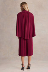 Honora | Burgundy High-Neck Midi Dress With Cape-Sleeves